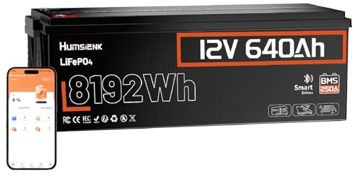 Humsienk Batteria al Litio 12V 640Ah Bluetooth, 8192Wh Batteria LiFePO4 con Protezione 250A BMS a Bassa Temperatura, 15.000+ Cicli Profondi, Per Accumulo fotovoltaico, Camper, Off-Grid, UPS, Back up