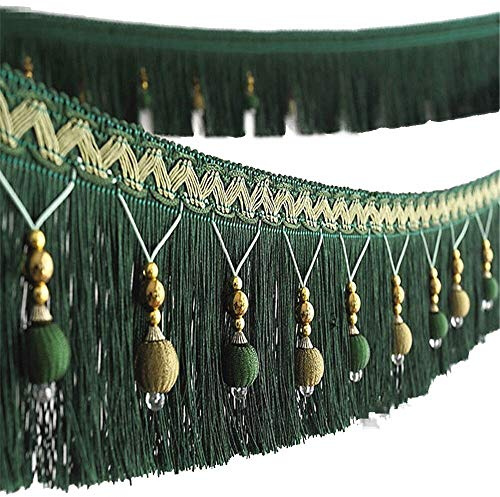 Yalulu 4 yardas tipo europeo trenzado cuentas colgantes bola borla flecos adornos franja cinta cinta para cortina mesa accesorios hogar DIY decoración (verde oscuro)