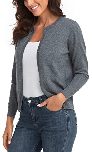 CUNYI Cardigan de Punto para Mujer Rebeca Cuello Redondo Clásico Manga Larga Chaqueta de Mujer con Botones Abrigo Elegante, Gris Oscuro L