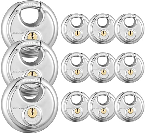 CINCINNO 304 Stainless Steel Storage Round Padlock, Keyed Alike Disc Lock for Storage Unit, Garage and Trailer,12 Pack