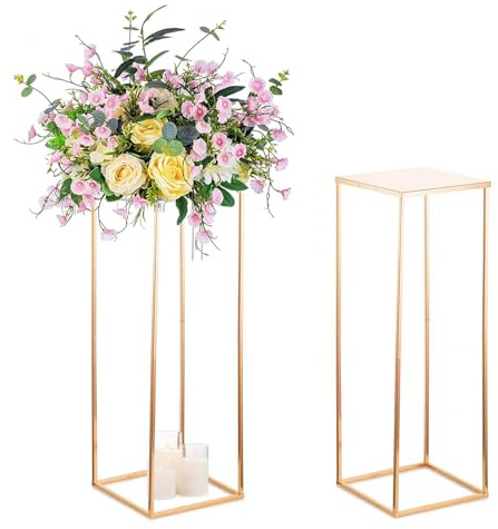 Sziqiqi Floor Vase Tables Centerpieces for Reception - 2 Pcs Metal Column Geometric Flower Stand 31.5in Gold Tall Flower Display Rack Decorations for T-Stage Wedding Party Event
