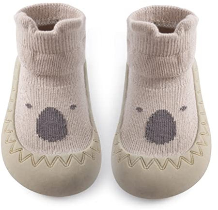 Exemaba Baby Sockenschuhe Rutschfeste Niedlicher Cartoon Weicher Stricken Babybodenschuhe Kleinkind Schuhe 1-Paar(Khaki Waschbär,Tag22/12-18M)