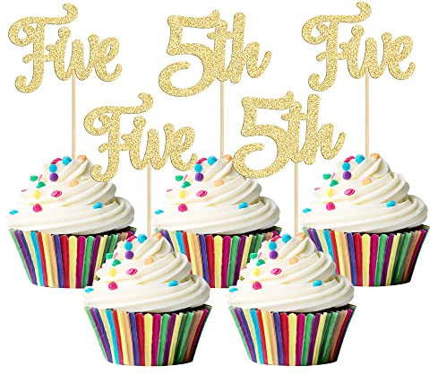 Gyufise 24Pcs 5th Birthday Cupcake Toppers Glitter Cheer to 5 Years Old Fifth Birthday Five Cupcake Picks for Baby Shower 5th Birthday Party Cake Decorations Supplies Gold (UKZN0603-5-G)