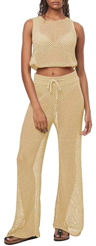 Viottiset Juego de 2 piezas de cobertura de ganchillo sin mangas crop top pantalones anchos para mujer, Albicoque., L
