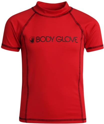 Body Glove Boys Rash Guard Shirt - UPF 50+ Quick Dry Boys Swim Shirt - Short Sleeve Kids Rash Guard Swimwear, Size 10, Red Short Sleeve