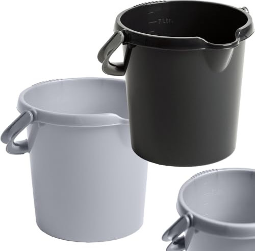 5L Plastic Bucket Strong Storage Bucket With Handle & Spout With Graduated Capacity Markers Multipurpose Storage, Garden, Cleaning & Kitchen (2, Grey)