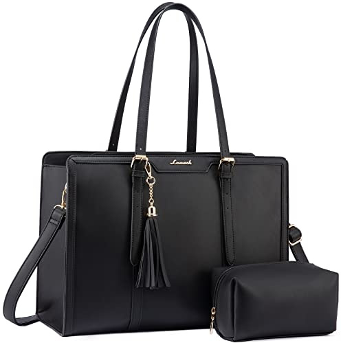 LOVEVOOK Laptop Bags for Women 15.6 inch Ladies Handbags Large Tote Bag with Compartments Leather College Teacher Work Bag Waterproof Shoulder Cross Body Bag for Office Business School Shopping Black