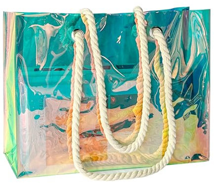 TotePrint Holografische Einkaufstasche Strandtasche aus PVC – Wiederverwendbare Transparente Tragetasche mit Regenbogeneffekt, Wasserdicht Baumwollseilgriffe für Supermarkt, Strand (grün.)