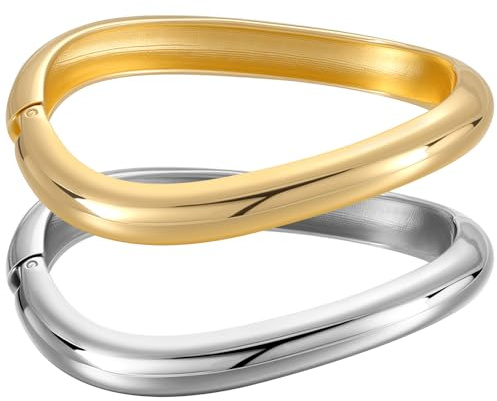 Emibele Brazaletes de Oro para las Mujeres, 2PCS Grueso Brazalete de Plata con Bisagras Pulseras Abiertas para las Mujeres, El brazo Ancho Pulseras Grueso Regalos de Joyería para San Valentín Navidad