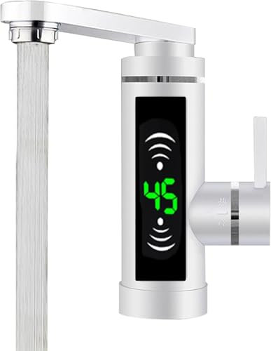 ACROSSPART Durchlauferhitzer Wasserhahn, 3KW Elektrischer Wasserhahn mit LED Temperaturanzeige, 360° Drehbarer Edelstahl Armatur für Küche & Bad (Weiß)