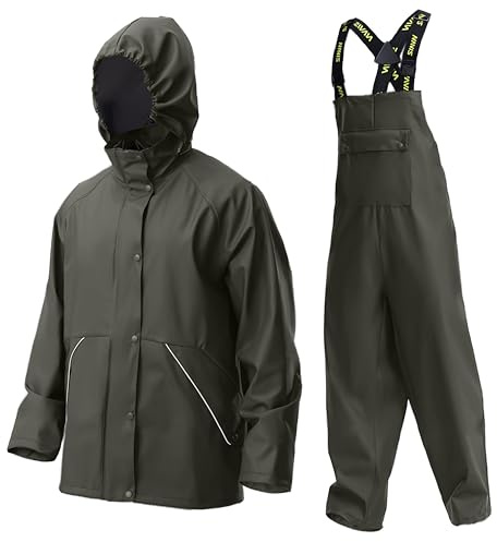 Navis Marine Traje de Lluvia Hombre – PU Resistente Impermeable y duradero con capucha y pantalón de tirantes, ideal para trabajo, pesca, construcción y actividades al aire libre(Green,XL)