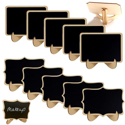 Tumihua 10-Pack Mini Chalkboard Signs with Stands - Wooden Small Chalk Boards for Buffet Food Labels, Wedding & Party Decor, Price Tags for Display (3x4inch 5 Rectangular +5 Polygonal)