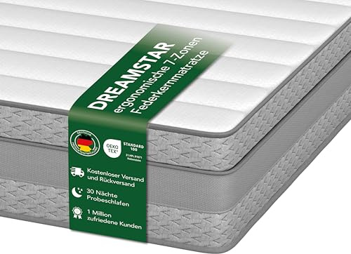DREAMSTAR Comfort - Colchón ergonómico de muelles ensacados de 7 zonas, altura de 18 cm, dureza 3 (H3), 90 x 200 cm
