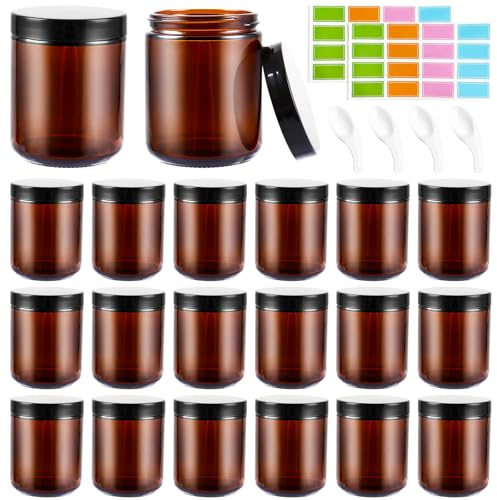 LOPYXBR 20 stycken krämburkar för fyllning 240 ml, brunt glas, salvburkar, glasburkar, 240 ml med lock för kräm, salvburkar med lock och foder för kosmetika, lotioner, krämer