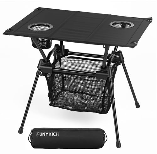 FUNYKICH Table Pliante en Tissu Simple Table de Camping Portable Support Robuste avec Rangement en Maille et Porte-Gobelet Table de Pique-Nique,Voyage et Activités Extérieures