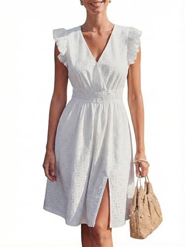 CUPSHE Abito midi da donna in pizzo con occhielli in vita a punto smock manica svolazzante scollo a V abito casual estivo fluido a linea A prendisole, bianco, XL