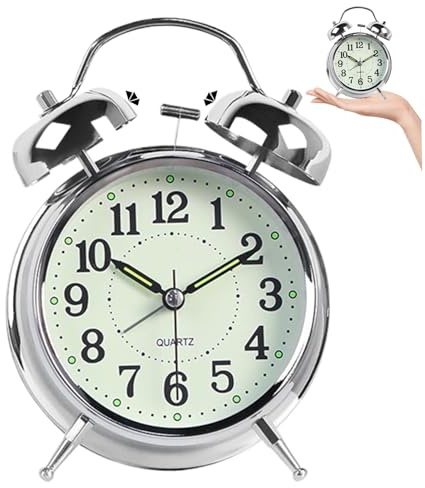 Takingup Reloj Despertador con Campana, Reloj Despertador Retro sin tictac de 4 Pulgadas con luz Nocturna Luminosa, Funciona con Pilas, Retro Plateado