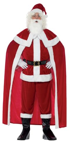 Smiffys Déguisement Père Noël Deluxe, rouge avec un pantalon, veste, cape, ceinture, couvre-bottes, gants, barbe et bonnet