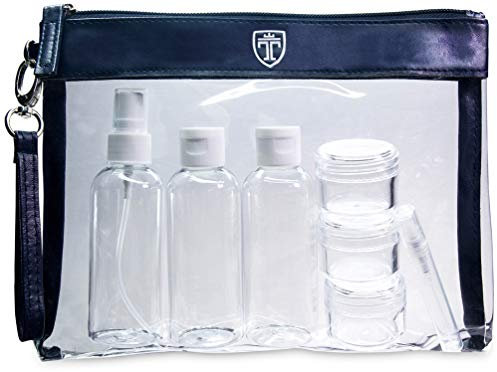 TRAVANDO Trousse de Toilette Transparente + 7 Bouteilles, Pots, Contenants pour Liquides - Kit de Voyage 1l pour l’Avion - Set de Voyage dans Bagages à Main - Sac Cosmétiques pour Hommes et Femmes