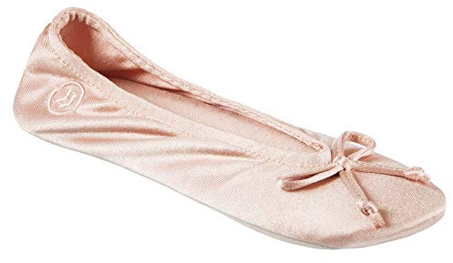 isotoner Women's Classic Stretch Satin Ballerina Slippers with Bow Tie and Leather Sole , Evening Sand , 8-9
