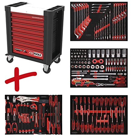 KS Tools 810.4180 PERFORMANCEplus Werkstattwagen P10 mit 8 Schubladen, bestückt mit 180 Werkzeugen in 4 Einlagen für 4 Schubladen
