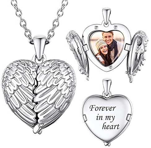 SILVERCUTE Silver Locket Necklace that Holds Pictures Customized Platinum Plated Angel Wings Photo Lockets Pendant for Women Men