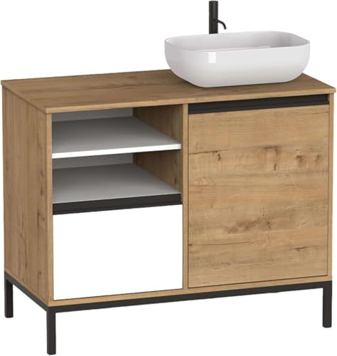 Muebles Pitarch | Mobile da bagno industriale con lavabo in ceramica incluso, struttura a piedi, 2 ripiani, cassetto e porta, Bianco Rovere e Nero, per lavabo da appoggio, 100cm, Moderno,