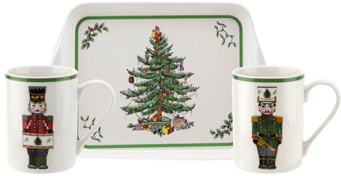 Spode Christmas Tree Nutcracker 10oz Mug & 8 Tray Set (3-Piece Set) - Festive Porcelain Mugs with Melamine Tray, Dishwasher & Microwave Safe - Holiday Gatherings & Entertaining