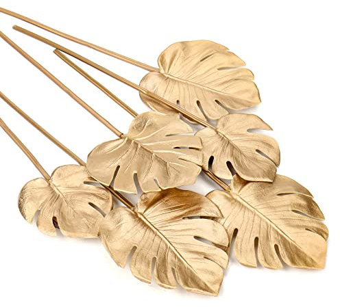 Oairse 6pcs Artificial Monstera Leaves with Long Stem Tropical Fake Plant Leaves Foam Leaves Realistic Gold Faux Monstera Leaf for Flower Arrangement Home Office Garden Party Christmas Holiday Decor