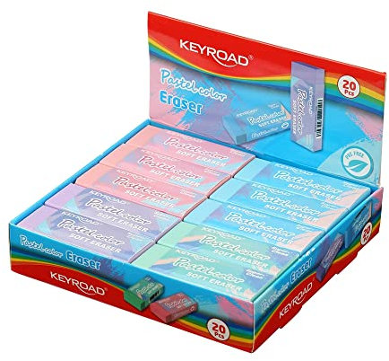 KEYROAD Radiergummi FUN PASTEL/Radierer für Bleistift und Buntstift/ 20 Stücke - verpackt im Display/Mischung aus Farben/Ideal für Schule und Büro