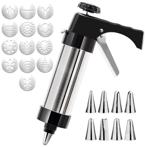 Semazz Biscuit Making Gebäckspritze,Edelstahl Gebäckpresse Kuchen Zuckerguss Dekoration mit 1 PCS Zuckerguss Pistole + 8 PCS Keks Form + 4 Zuckerguss Tipps Keks Zuckerguss Spritzgebuckpresse