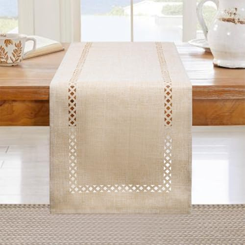 BAZIOE Camino de mesa moderno beige con aspecto de lino, resistente al agua, diseño calado, de, ideal para decoración de fiestas, mesa de comedor, restaurante, fiesta de Navidad.