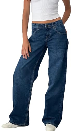 Jeans da Donna a Vita Bassa a Gamba Larga Pantaloni Larghi Vintage Y2k Pantaloni in Denim Dritto Effetto Invecchiato Flare Jean E-Girl Streetwear Jeans Slip-On Pantaloni in Cotone con Tasche(Dark Blue