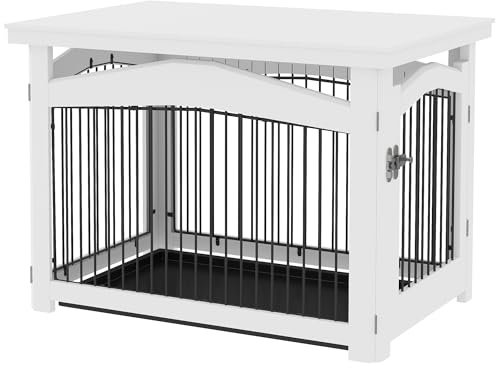 PawHut Jaula para Perros Medianos 3 en 1 Mesa Auxiliar Barrera para Perros con Puerta con Pestillo Tapa Superior Desmontable y Bandeja Extraíble 82,5x57,5x59,5 cm Blanco