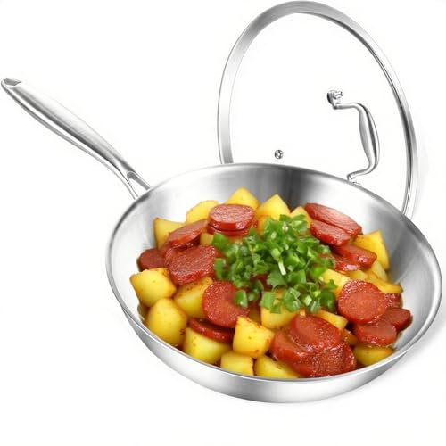 DELARLOCHEF Sartén de acero inoxidable de 24 cm para inducción, wok, toda la olla de acero de tres capas, con tapa, apta para inducción y cocina de gas, 20% de ahorro de energía, apta para horno hasta