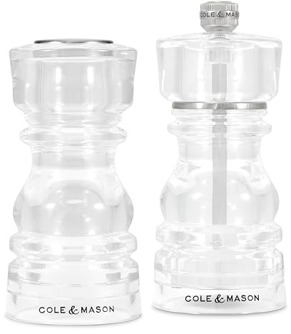 Cole & Mason London Salt Shaker and Pepper Mill Set, 13cm, Refillable Acrylic Seasoning Set, Adjustable Coarseness Pepper Grinder