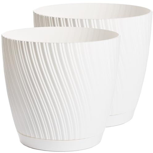Home Garden Ornaments Plant Pots Indoor – Set of 2 with Drainage & Saucer Swing Indoor Plant Pot – Decorative Striped Flower Plastic Planter Design – 5 Colours & 6 Sizes (13cm / 5.1 inch, White)