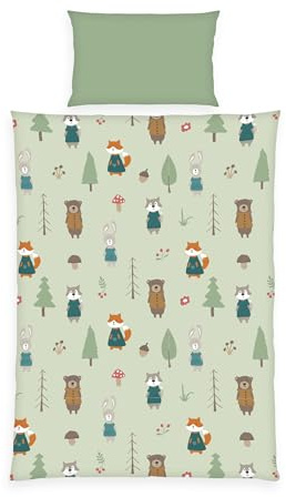Herding Children's Reversible Bed Linen Forest Animals Flannel Green Size 1 x 100 x 135 cm + 1 x 40 x 60 cm