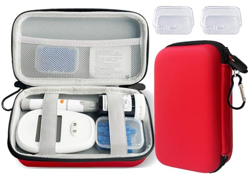 TINNALART Diabetes Supplies Étui de voyage portable pour moniteur de glycémie, bandelettes de test de glycémie, lancettes, appareil de lancement, avec 2 petites boîtes transparentes et 1 boucle