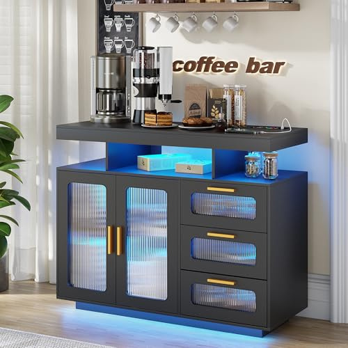 FREDEES Sideboard Buffet Cabinet with Storage, Coffee Bar Cabinet with RGB Light, Modern Coffee Bar Table with Charging Station, Black
