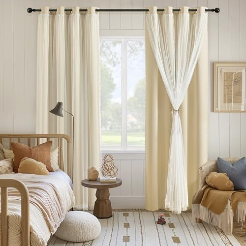 XiDi Beige Blackout Curtains 84 In Bedroom Eyelet Drapes 2 Panels | 2 Panels Eyelet Thermal Sun Blocking Soundproof Beige Curtains for Living Room Double Layer Sheer Overlay Window Treatments