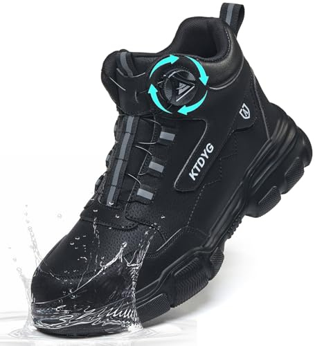 KTDYG Sicherheitsstiefel Herren Damen Wasserdicht Arbeitsschuhe Leicht Sportlich Sicherheitsschuhe rutschfest Hoch Stahlkappenschuhe mit Drehverschluss, Schwarz, 39EU
