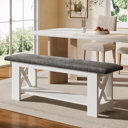 Tribesigns 47.24 Farmhouse Upholstered Dining Bench, 2-Tier Wooden Kitchen Table Stool Cushion Seat, White End of Bed Bench with Storage Shelf for Bedroom, Dining Room, Living Room (1, White & Gray)