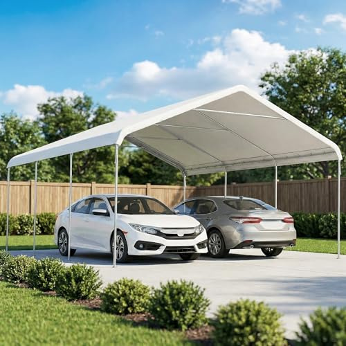Outsunny Carpa Garaje Portátil 5x6 m, Garaje Exterior para Coche Impermeable con Estructura de Acero Galvanizado, Toldo Resistente Anti-UV, Cobertizo para Herramientas de Jardín, Blanco Crema