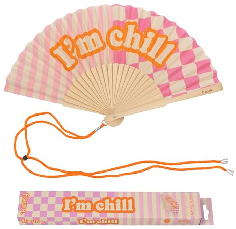 Fisura – Éventail Original avec Message “I'm Chill”. Accessoire en Bois Moderne et coloré. Ventilateur à Main Rose. Dragonne Incluse. Idée Cadeau Amusante. 42,5 x 23 cm