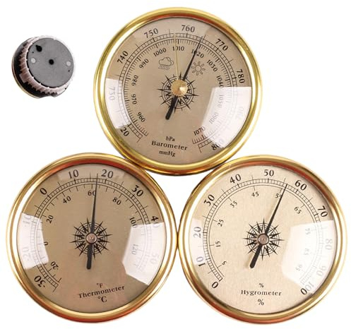 Baromètre, thermomètre et hygromètre baromètre avec cadre doré rétro pour mur de maison, manomètre barométrique précis et moniteur de climat intérieur, 7, 2 cm