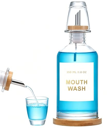 YNNHUDEEP Dispenser per collutto, 350 ml, dispenser di bicchieri con vassoio in bambù, imbuto in acciaio inox, adesivi, bicchiere in vetro, per bagno, manuale, antigoccia, vetro al calcio,