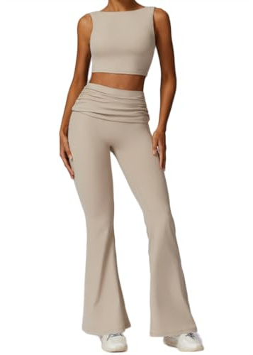 2-delad yogasätt, träningskläder med snabbtorkande material, vidbyxa och bh-sätt för gym(Size:S,Color:Apricot)