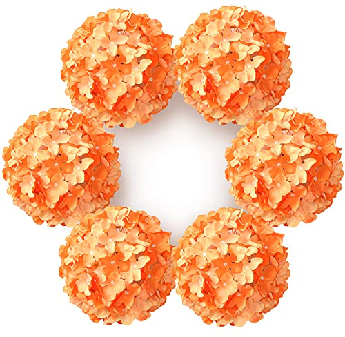 DuHouse Artificial Silk Hydrangea Flower Heads Fake Hydrangeas 6Pcs(Orange) | Bigger Fake Hydrangeas with Stems, Realistic Faux Hydrangea Flower Bouquets, Wedding Home Party Garden Centerpiece