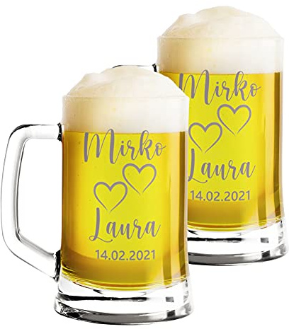 Colorfamily Coppia Boccali da birra Personalizzati Set da 2 Boccali da birra personalizzati con nome e data matrimonio fidanzamento - bicchiere in vetro 50 cl